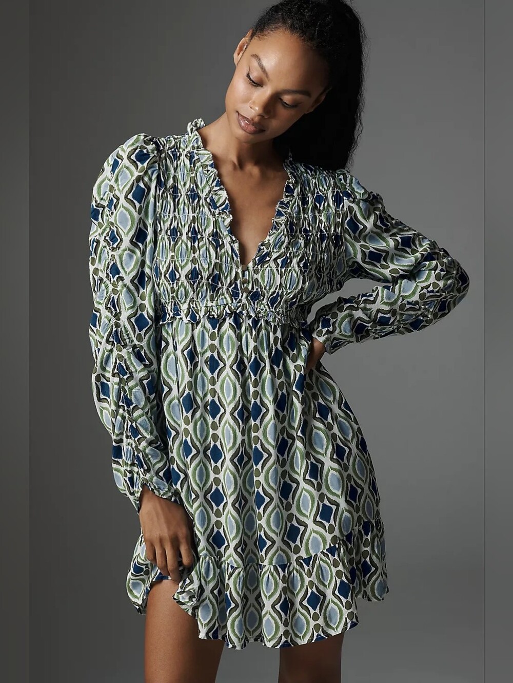 By Anthropologie Long-Sleeve V-Neck Ruffle Mini Dress Green Blue Medium Retro